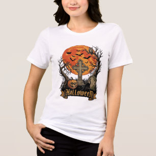 Camiseta Cruz de Halloween Tumba Caveira Abóbora Gato Preto