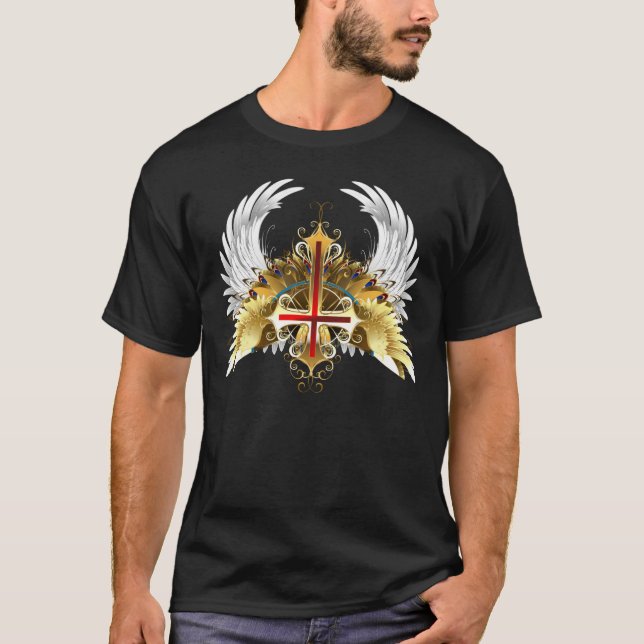 Camiseta Cruz de Ouro Católica Invertida Anjo (Frente)