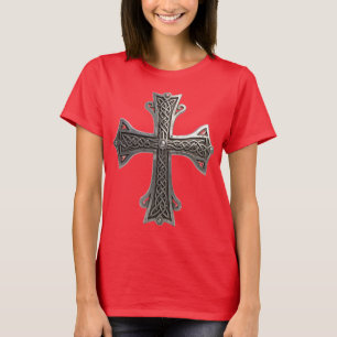 Camiseta Cruz de Prata Céltica Ornamentada com Padrão Intri