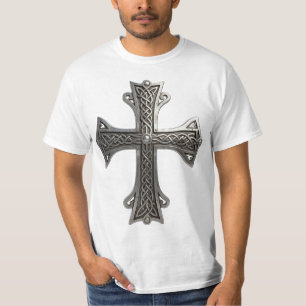Camiseta Cruz de Prata Céltica Ornamentada com Padrão Intri