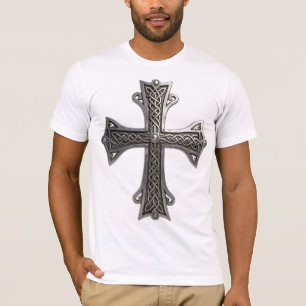 Camiseta Cruz de Prata Céltica Ornamentada com Padrão Intri