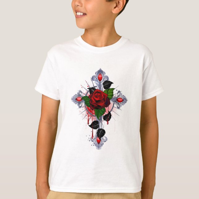 Camiseta Cruz de Prata com Rosa vermelha (Frente)