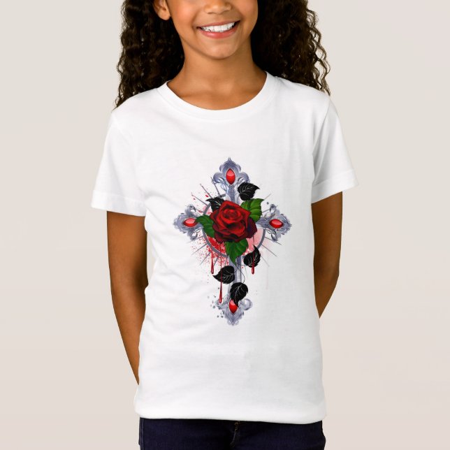Camiseta Cruz de Prata com Rosa vermelha (Frente)