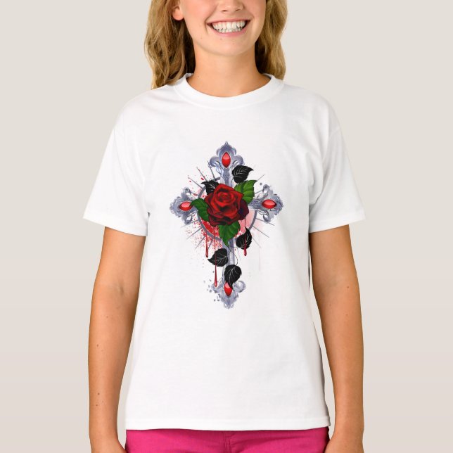 Camiseta Cruz de Prata com Rosa vermelha (Frente)