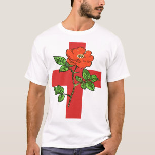 Camiseta Cruz de São Jorge Estilizada e Rosa Vermelha