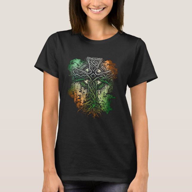Camiseta Cruz Estilo Celta Com Cores da Bandeira Irlandesa (Frente)