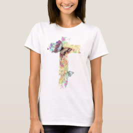 Camiseta Cruz floral pastel e borboletas