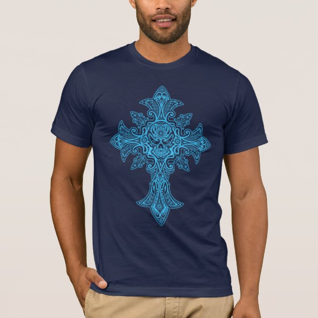 Camiseta Cruz gótico do crânio (azul escuro) (Frente)