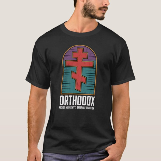 Camiseta Cruz Ortodoxa Oriental Resistir a Modernidade  (Frente)
