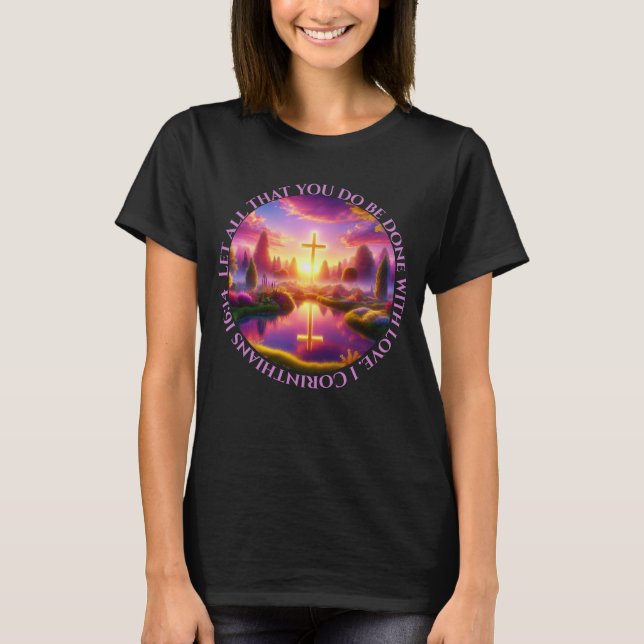 Camiseta Cruz ouro em um Jardim Tropical Celestial (Frente)