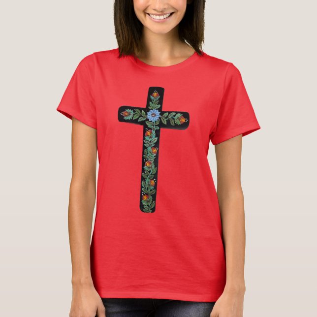 Camiseta Cruz Preta com Flores (Frente)