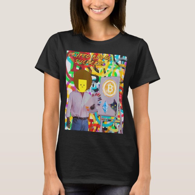 Camiseta Crypto Rules Suckers Bitcoin Ethereum Cat Painting (Frente)