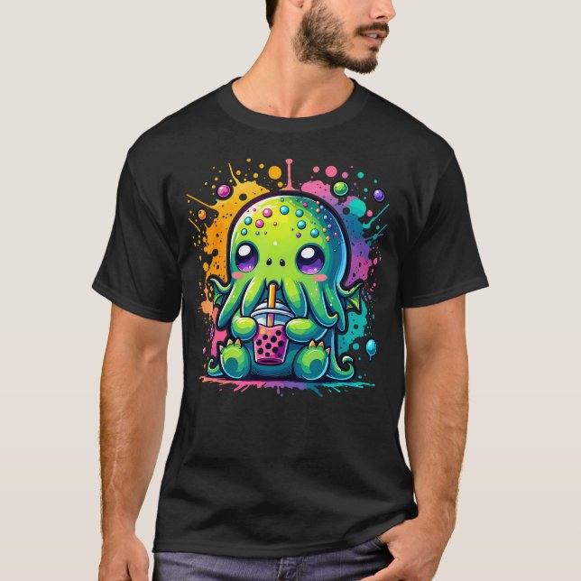 Camiseta Cthulhu Kawaii Anime Alienígena Bubble Tea (Frente)