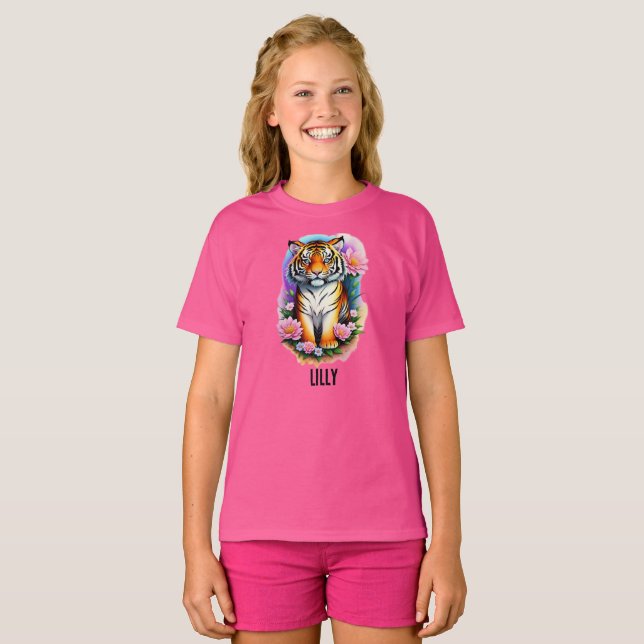 Camiseta Cubo Tigre com Flores (Frente Completa)