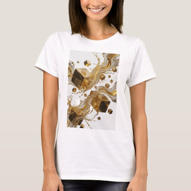 Camiseta Cubos Dourados e Salpicos Líquidos Laranja Icônico (Frente)