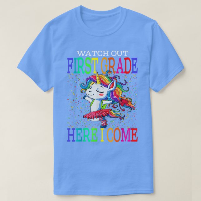 Camiseta Cuidado Com O Primeiro Grau Para Vir A Unicórnio. (Frente do Design)