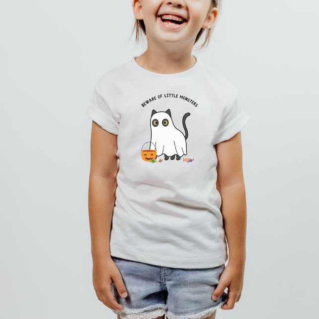 Camiseta Cuidado com os pequenos monstros, fantasma de gato (Criador carregado)