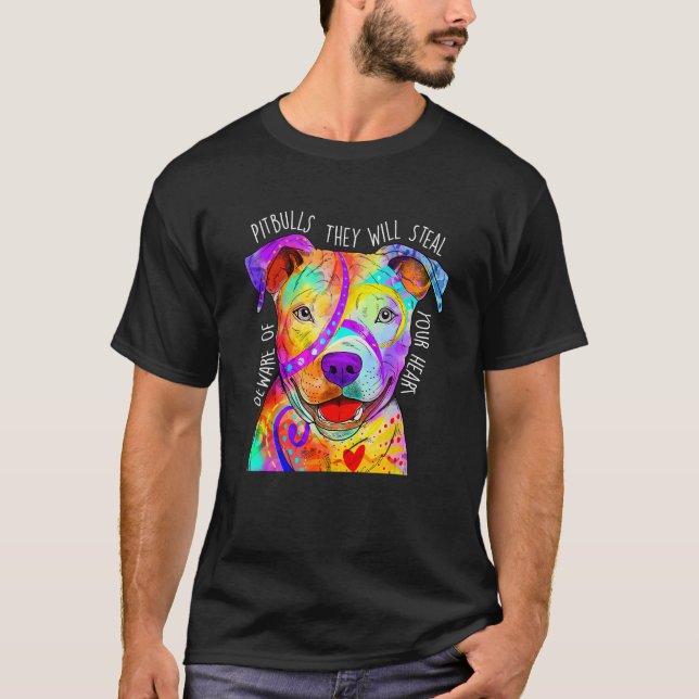 Camiseta Cuidado Com Pitbulls Eles Vão Roubar Seu Coração - (Frente)