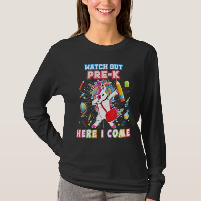 Camiseta Cuidado Pré-K Aqui Eu Vim Dabbing Unicorn Look B (Frente)