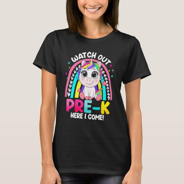 Camiseta Cuidado, Pré K, Eu Vim Filhos De Unicórnio Bonitos (Frente)