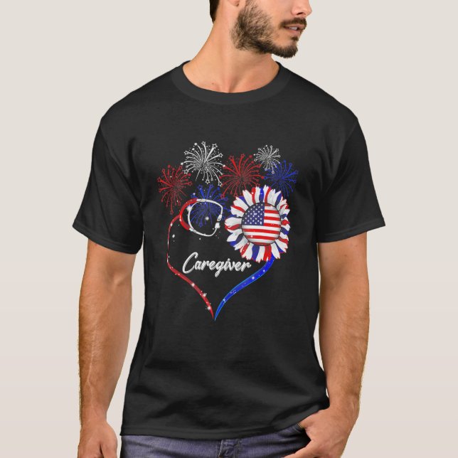 Camiseta Cuidador Stethoscope Fireworks Sunflower America F (Frente)