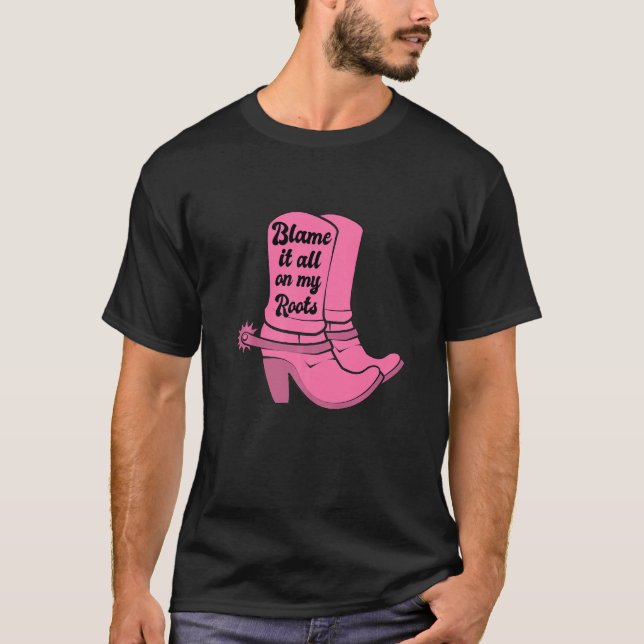 Camiseta Culpa-O Tudo Na Minha Raízes, Gato De Cowgirl Rosa (Frente)