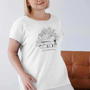 Camiseta Cultive sua mente Flores e Livros Desenhados à Mão