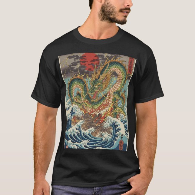 Camiseta Cume de Dragão em Ondas de Sol Carmesim (Frente)
