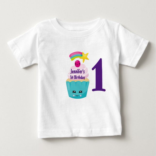Camiseta Cupcake azul-bonito com primeiro aniversario Kawai (Frente)