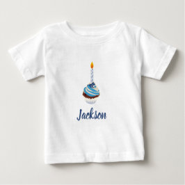 Camiseta Cupcake Azul com Vela de Aniversário e Nome