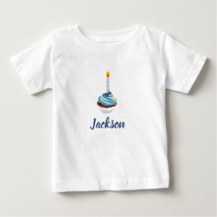 Camiseta Cupcake Azul com Vela de Aniversário e Nome