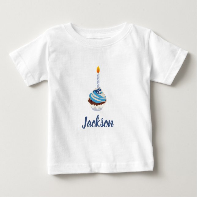 Camiseta Cupcake Azul com Vela de Aniversário e Nome (Frente)