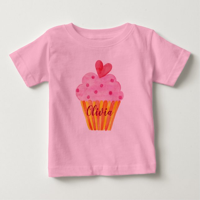 Camiseta Cupcake de aquarela rosa qualquer menina de aniver (Frente)