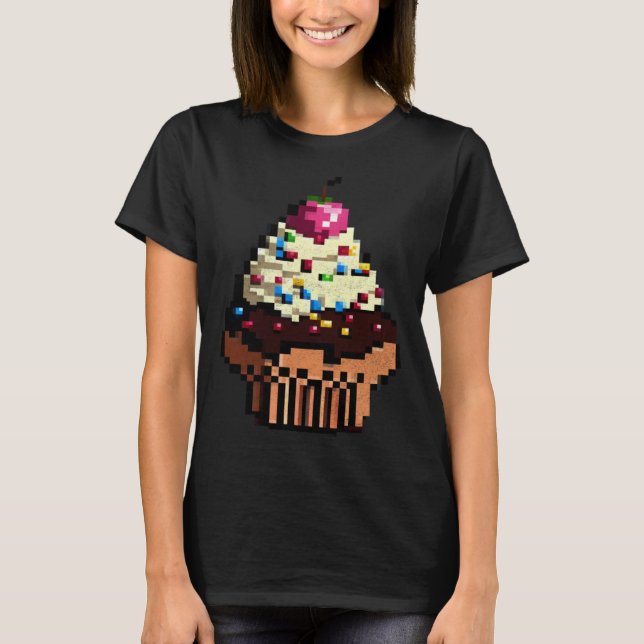 Camiseta Cupcake Pixel 8 bit Retro Hungry Byte Game Cake Fo (Frente)