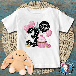 Camiseta cupcake rosa de 3º aniversário