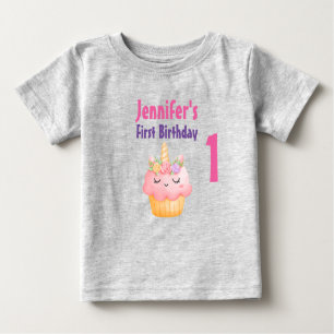 Camiseta Cupcake rosa Unicórnio com Rosas Aniversário