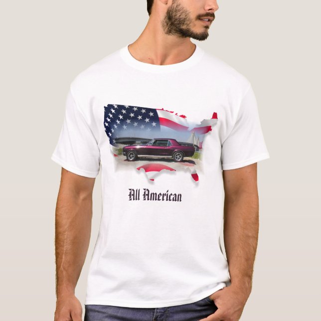 Camiseta Cupé de 68 mustang sobre o mapa da bandeira (Frente)