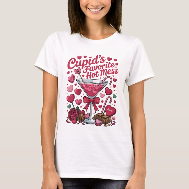 Camiseta Cupid's Favorite Hot Mess Valentine Cocktail Pink (Frente)