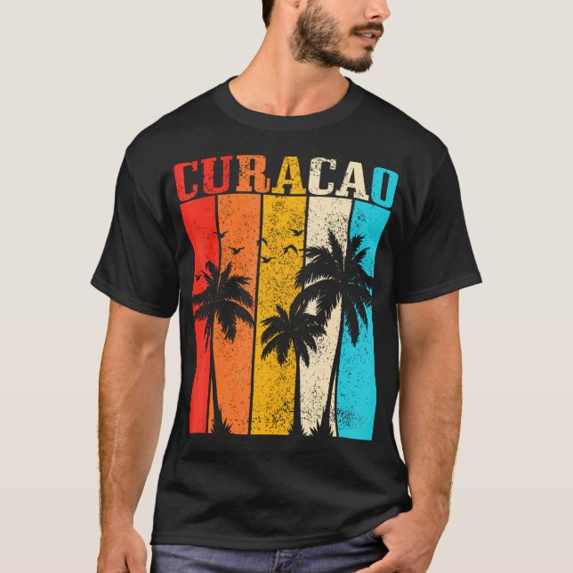 Camiseta Curacao Vintage Palm Trees Surfer Caribe (Frente)