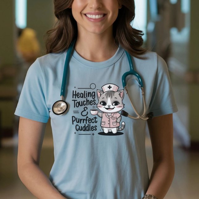 Camiseta Curando Toques e Cudles Puros para Cat (Nurse T-Shirt - Healing Touches & Purrfect Cuddles for Cat Loving Nurses)