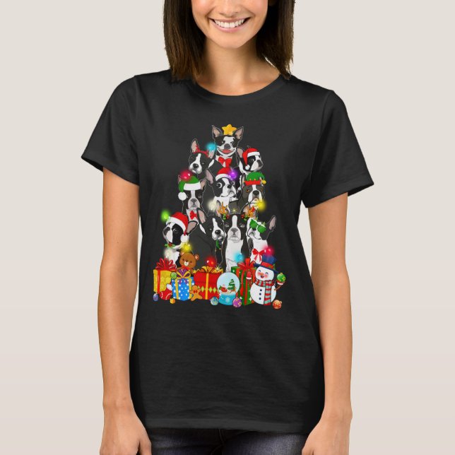 Camiseta Curiosa Boston Terrier Árvore de Natal Luzes de Ca (Frente)