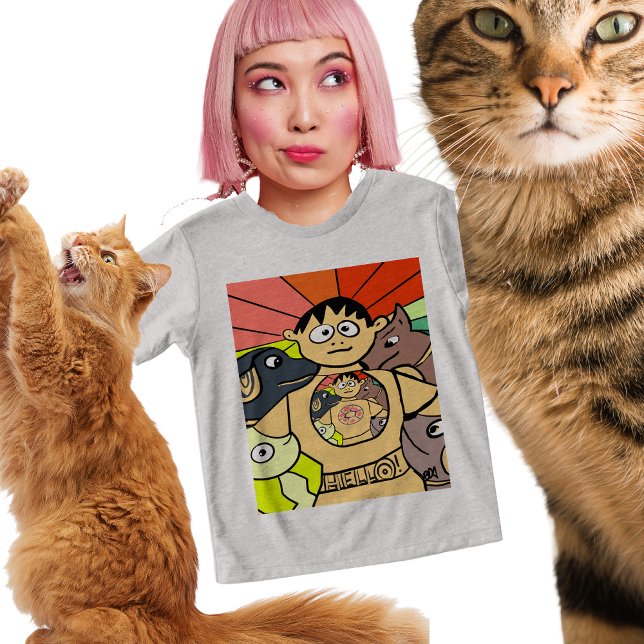 Camiseta Curioso Menino e Seus Animais Brancos (Criador carregado)
