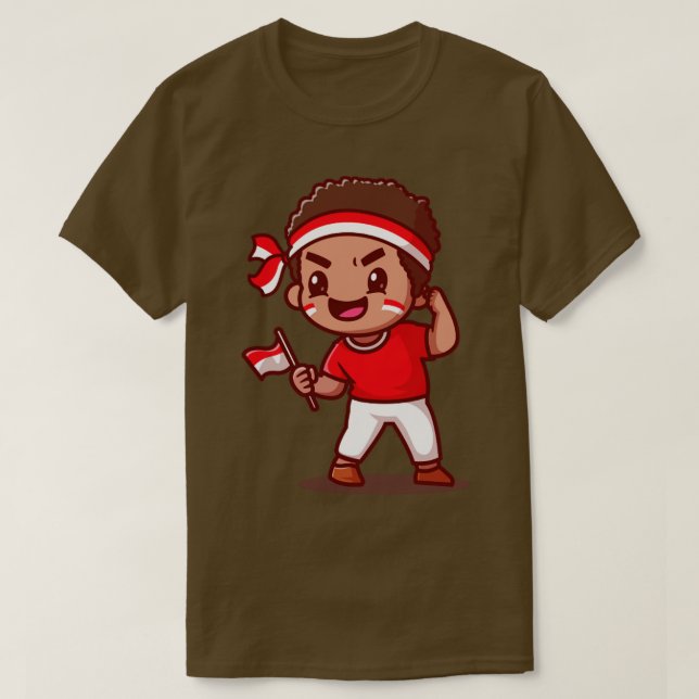Camiseta Curioso Segurando Cartoon de Bandeira da Indonésia (Frente do Design)