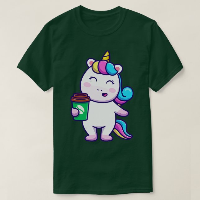 Camiseta Curioso Unicórnio Segurando Café (Frente do Design)