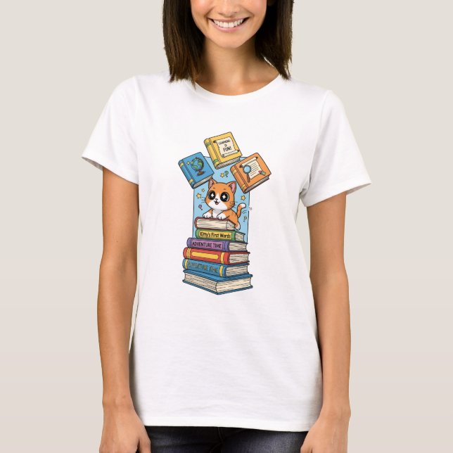 Camiseta Curious Bookworm Kitten Illustration (Frente)