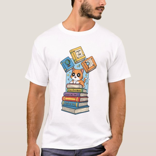Camiseta Curious Bookworm Kitten Illustration (Frente)