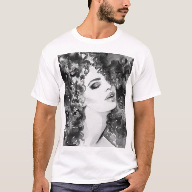 Camiseta Curly Grace: Beleza da Aquarela da Moda (Frente)