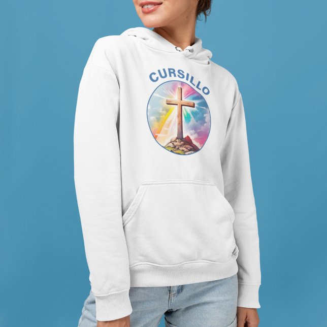 Camiseta Cursillo Cruz de Madeira com Arco-íris e Nuvens (Criador carregado)