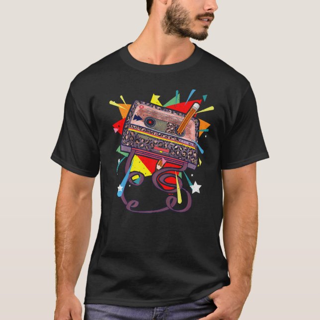 Camiseta custo de festas de retro cassete e caneta dos anos (Frente)