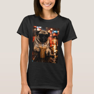 Camiseta Custo de Pug Engraçado Bebendo Café Gelado para Am